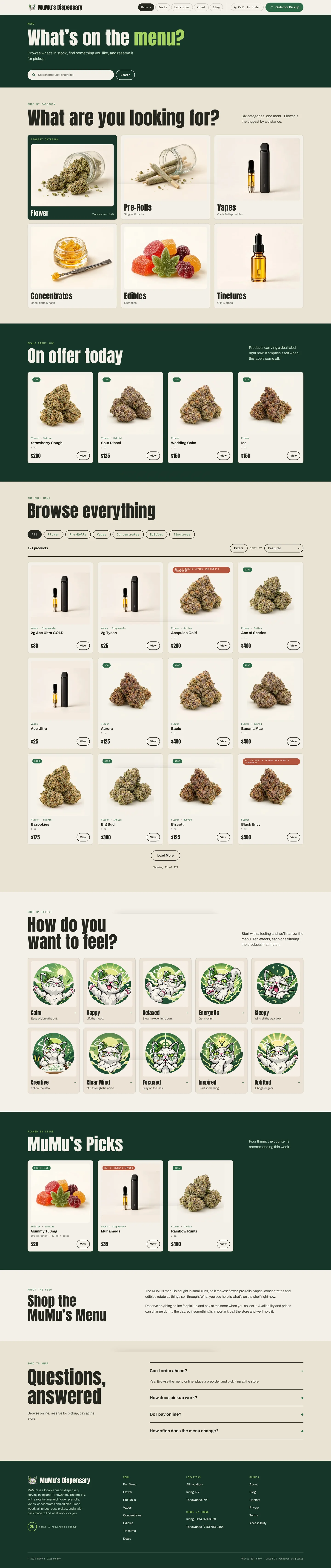 עמוד התפריט של MuMu’s Dispensary: כותרת Browse everything, כפתורי סינון לפי קטגוריה, מיון ושורת כרטיסי מוצר עם מחירים