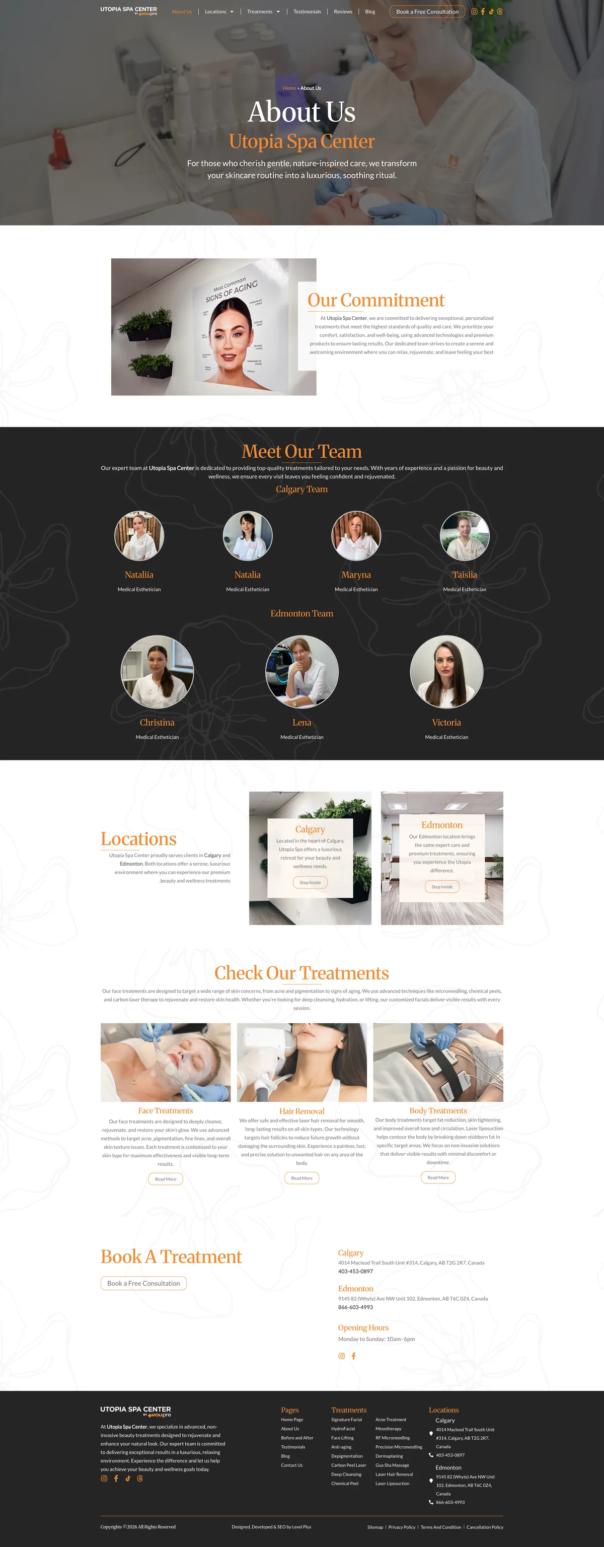 צילום מסך של עמוד אודות באתר Utopia Spa Center