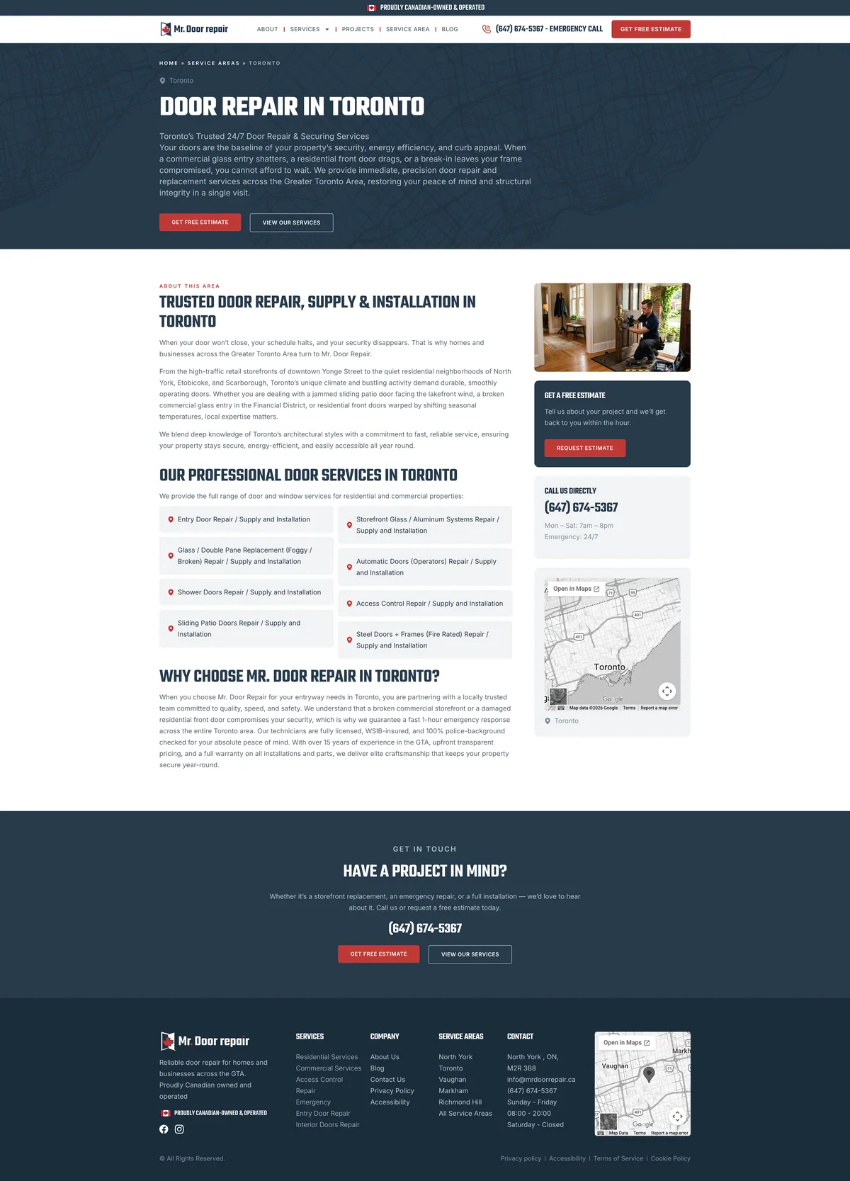 צילום מסך של עמוד אזור השירות Toronto באתר Mr. Door Repair