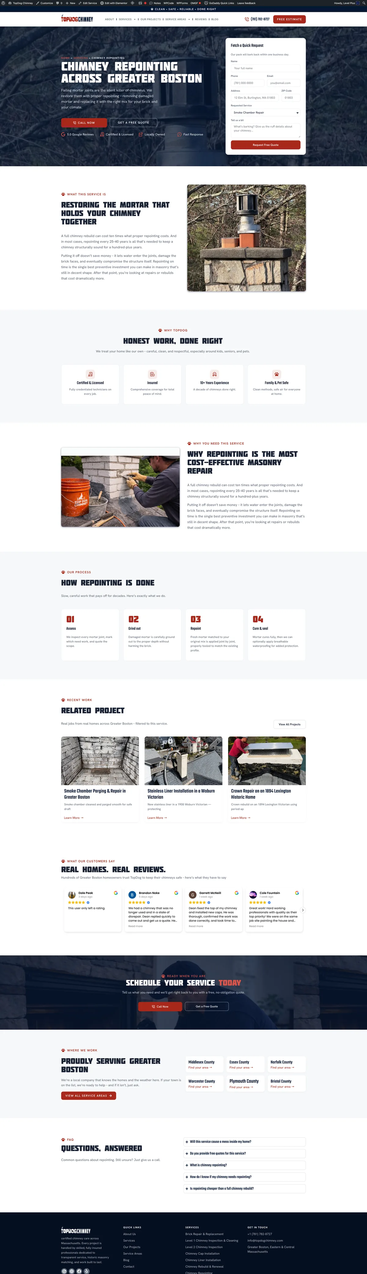 צילום מסך של עמוד שירות Chimney Repointing באתר TopDog Chimney