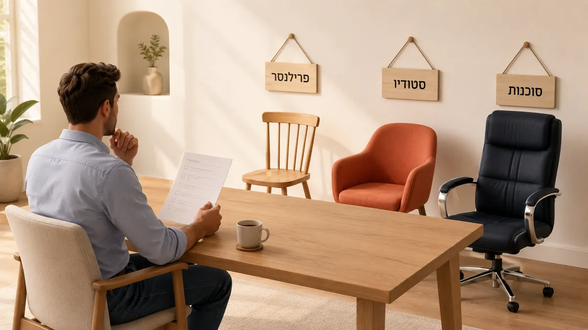 בעל עסק יושב מול שלושה כיסאות ריקים עם שלטים פרילנסר, סטודיו וסוכנות - ראיון לבחירת ספק לבניית אתר