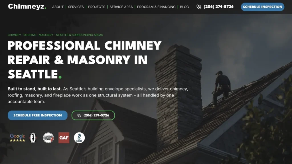 עמוד הבית של Chimneyz, חברת ארובות ושיקום מבנים בסיאטל