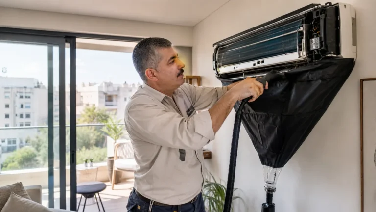 טכנאי ישראלי מנקה ומחטא מזגן - בניית אתר לניקוי מזגנים