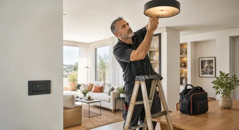 חשמלאי מתקין גוף תאורה בבית מודרני