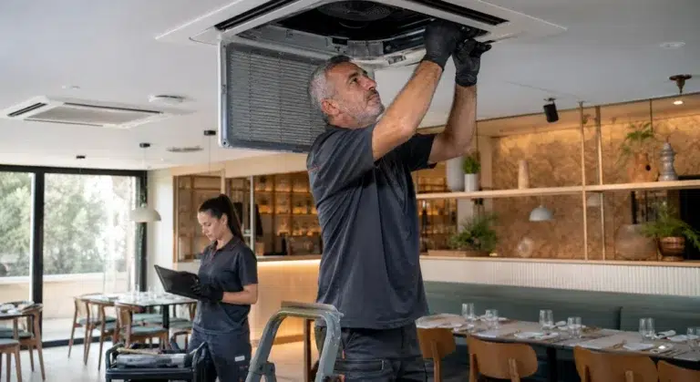 צוות מיזוג מתחזק יחידות תקרה במסעדה