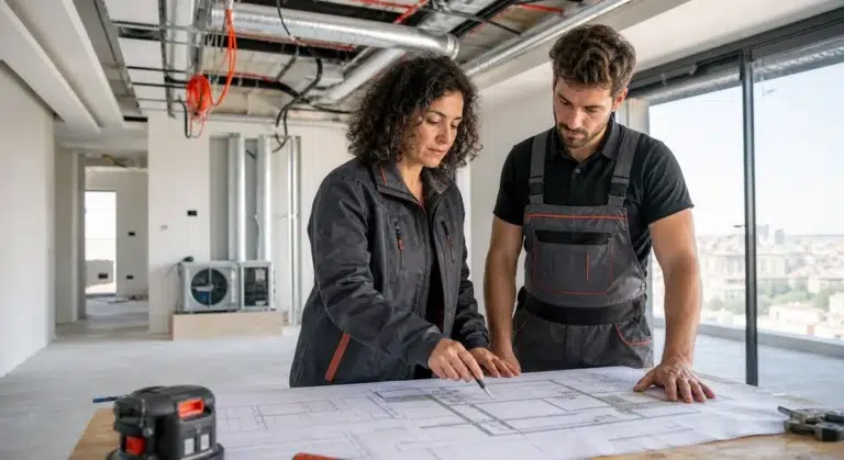 צוות מיזוג עובר על תוכניות במהלך שיפוץ