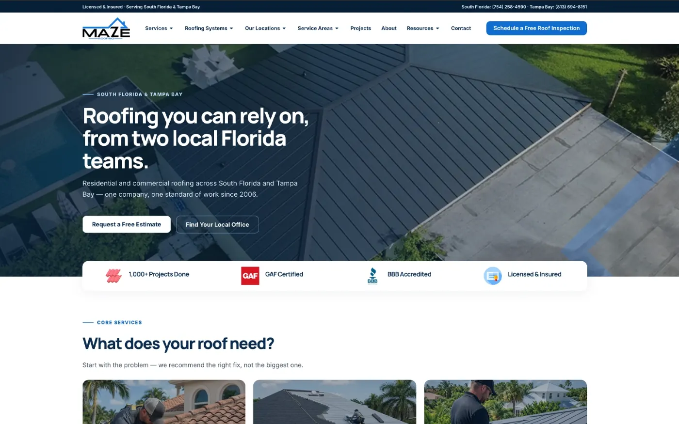 מסך הפתיחה של אתר Maze Roofing