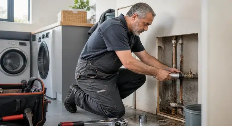 אינסטלטור מתקן צינור שהתפוצץ בחדר שירות