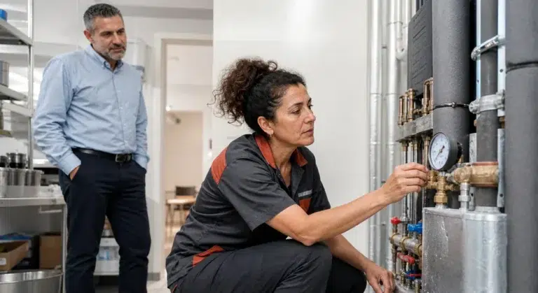 אינסטלטורית בודקת מערכת מים בבית עסק