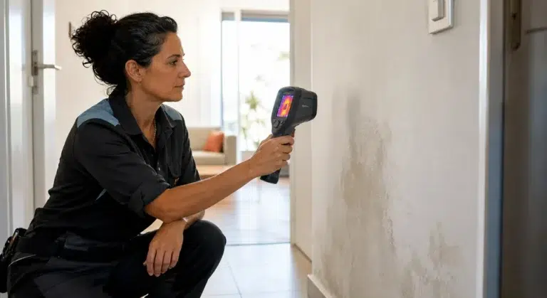טכנאית אינסטלציה מאתרת נזילה בקיר באמצעות מצלמה תרמית