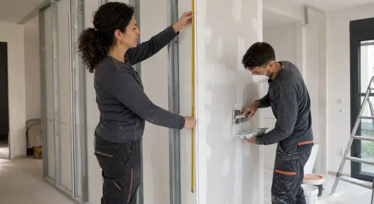 צוות שיפוצים בונה קיר גבס ומכין אותו לצבע
